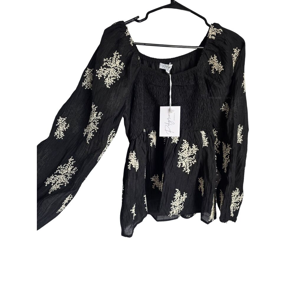 NWT Polagram Black Embroidered Smocked Balloon Sleeve Boho Blouse Top XL